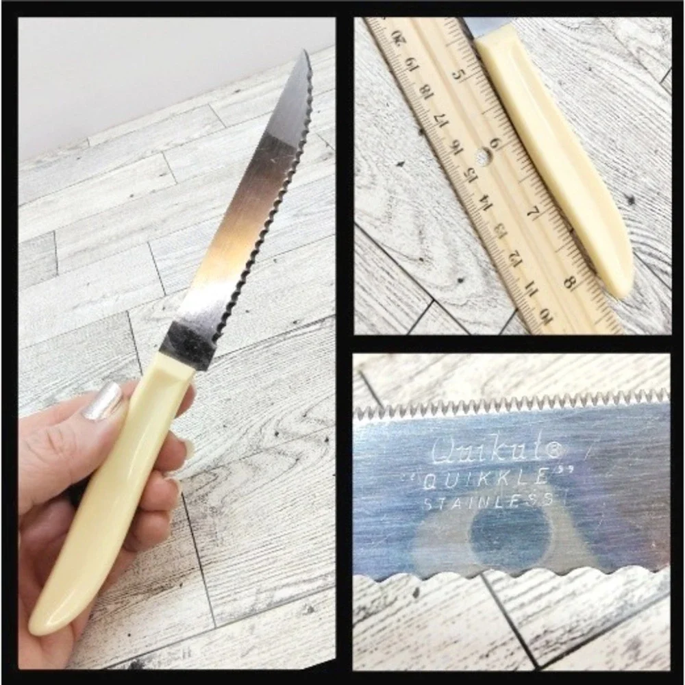 Vintage Quikut Quikkle Dual Serrated‎ Edge Steak Knife Cream Handle Retro MCM